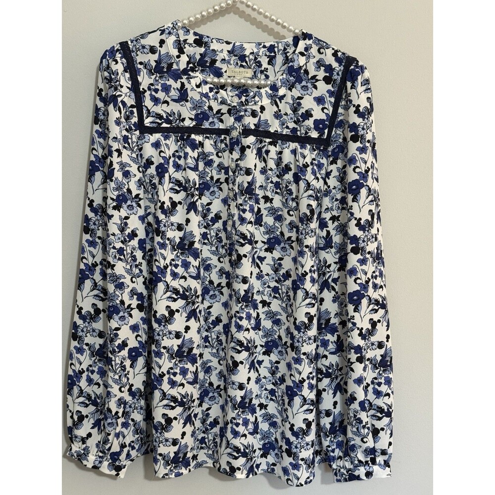 Talbots Popover Blouse Medium White Blue Floral Long Sleeve Classic M